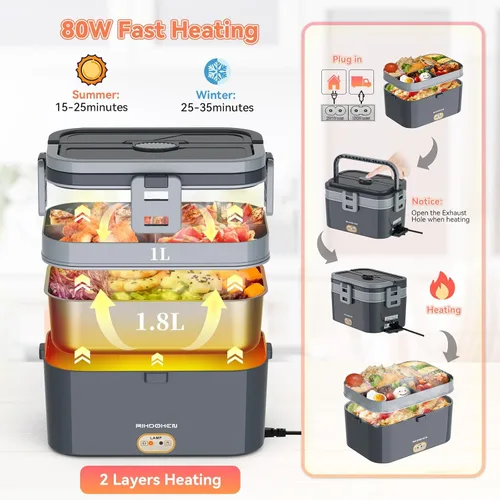 Miniatura 5 de Fiambrera eléctrica más grande de 80 W más rápido, 2.8 L con 2 capas para automóvil, camión, trabajo, hogar, calentador de alimentos portátil