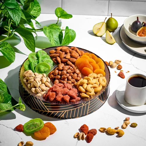 Miniatura 5 de Oh! Nuts Canasta de regalo de frutas secas y nueces de 7 secciones - Canastas de regalo de frutas y nueces gourmet surtidas - Caja redonda de metal