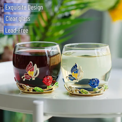 Miniatura 3 de BTAT - Juego de 2 copas de vino sin tallo, 10 onzas, rojo/azul, diseño de mariposa y flor con caja de regalo, copas de vino florales