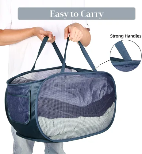 Miniatura 5 de Cestas de lavandería plegables duraderas, cesta de lavandería desplegable de malla con bolsillo lateral, cesta de ropa plegable con asas de 2 x azul