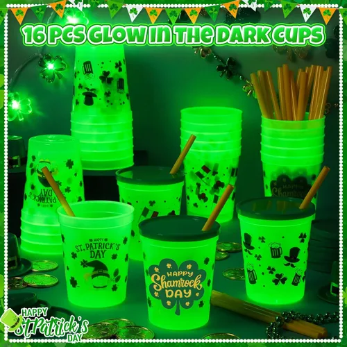 Miniatura 4 de 16 juegos de decoración de fiesta del Día de San Patricio, tazas que brillan en la oscuridad con popote y tapa, vaso de plástico esmerilado de 16