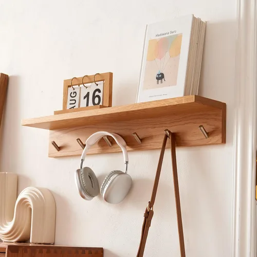 Miniatura 5 de Perchero de madera de roble con estante de 20 pulgadas de largo, 5 ganchos, estante flotante de pared de entrada para baño, pasillo, sala de estar