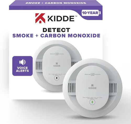 Kidde Detector de humo y monóxido de carbono, funciona con batería de 10 años, con alertas de voz, luces de estado LED, alarma de 85 dB, 5 pulgadas,