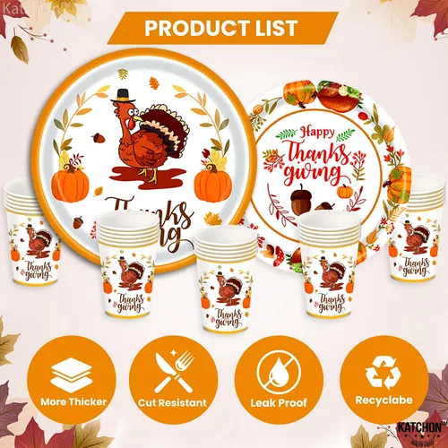 Miniatura 4 de KatchOn Paquete de fiesta de Acción de Gracias, 176 piezas para 25 invitados, mantel, platos, servilletas, tazas y cubiertos para decoración de mesa