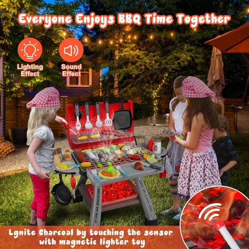 Miniatura 6 de Juego de 41 parrillas de juguete para niños con sonido y luz para niños pequeños, juego de parrilla de barbacoa para interiores y exteriores, juego