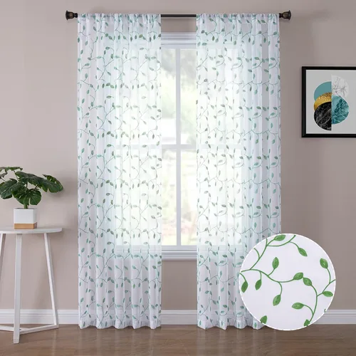 Miniatura 12 de Tollpiz Cortinas Cortas Transparentes de Hojas con Bordado de Hojas Grises, Cortinas de Dormitorio con Bolsillo para Barra, Voile de Lino Sintético