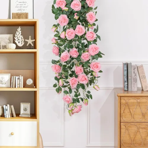 Miniatura 4 de U'Artlines Paquete de 5 guirnaldas florales de vid de rosas artificiales de color rosa en total de 32.5 pies, guirnalda de flores de seda de vid