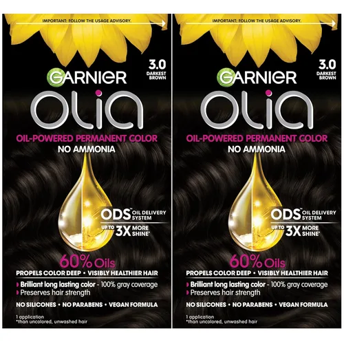 Garnier Tinte permanente para el cabello Olia, sin amoníaco, color brillante, rico en aceite, 3.0 marrón oscuro, 2 unidades (el embalaje puede 3.0