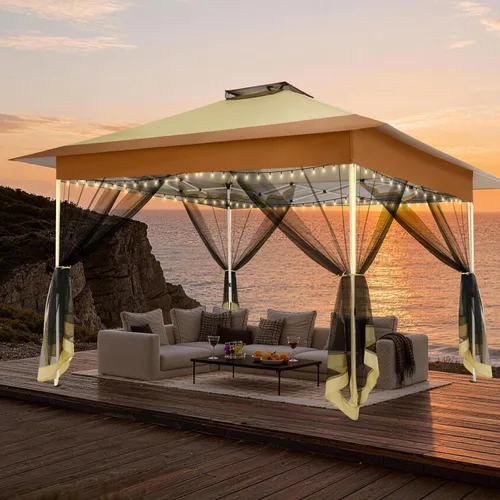 Miniatura 25 de COBIZI - Tienda desplegable de 3,66 x 3,66 metros en oferta - Cenador portátil de metal para exteriores con mosquitero, impermeable - Cenador Caqui