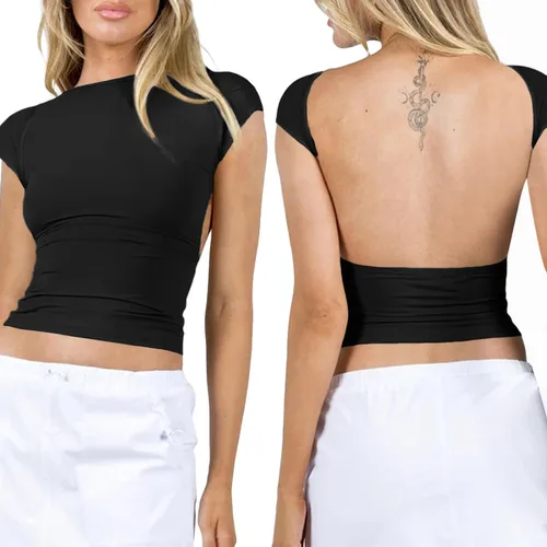 Camisetas cortas sin espalda para mujer, cuello redondo, sin mangas, estilo vintage Y2K, sexy, para verano, casual, camisetas sin mangas