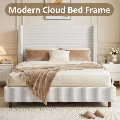 Miniatura 8 de WEUP Queen Bed Frame with Tall Headboard, 56" Corduroy Upholstered Bed Frames, Premier Modern Sturdy Wingback Cloud Bed-Frame Platform, Thicker