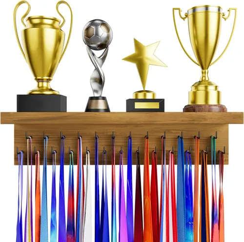 Miniatura 17 de Soporte para Medallas y Organizador de Estante para Trofeos, Soporte Robusto de Madera para Premios de Carreras con 25 Ganchos de Acero, Soporte