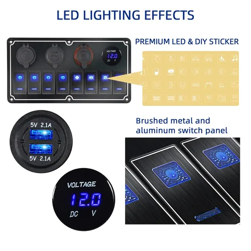 Miniatura 5 de Panel de Interruptores de Palanca Impermeable de 8 Posiciones con Cargador USB Dual y Voltímetro - Protección contra Sobrecarga para RV, Marina