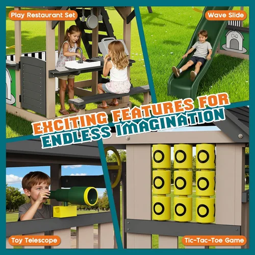 Miniatura 4 de Albott Juego de columpios de madera para niños, gran juego 11 en 1 para exteriores con casa de juegos, tobogán ondulado, 2 columpios y pared