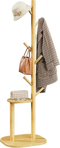 Miniatura 9 de Pipishell Perchero, árbol de pasillo independiente con 8 ganchos y estante de almacenamiento, base de madera maciza, perchero de 66.3 pulgadas