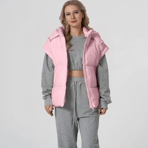 Miniatura 27 de Shiyifa Chaleco acolchado para mujer, chaqueta de gran tamaño, sin mangas, ligera, con cremallera, con capucha desmontable