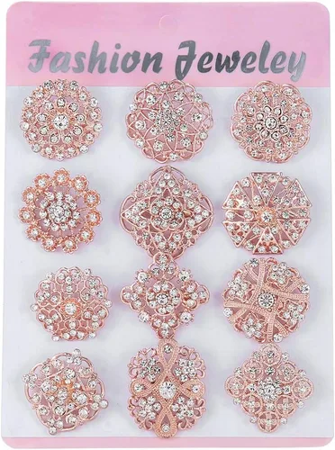 Miniatura 7 de Lote de 12 piezas de broche de flores de diamantes de imitación de cristal surtido para mujeres, kit de ramo de boda nupcial DIY Oro rosa