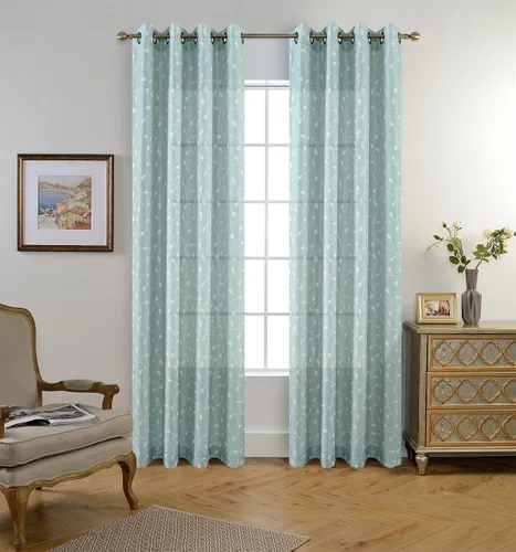Miniatura 2 de Miuco - Cortinas con ojales de lino sintético, semitransparentes, bordadas con flores, para sala de estar Verde sutil