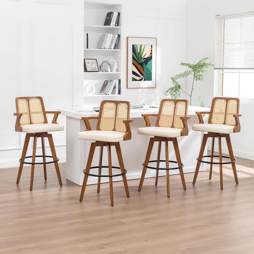 Miniatura 29 de Juego de 2 Taburetes de Mostrador - Taburetes Giratorios de 27 Pulgadas con Respaldo de Ratán, Brazos Curvos, Asiento Tapizado, Patas de Bambú Nogal