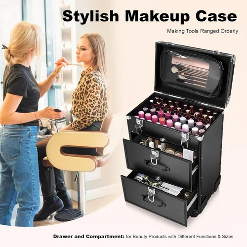 Miniatura 8 de TFCFL Estuche de carrito de maquillaje de 3 niveles, Negro -, Elegante