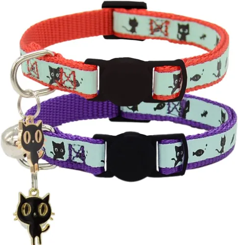 Miniatura 16 de Paquete de 2 collares para gatos que brillan en la oscuridad con campana, collares de seguridad para cachorros con colgante verde y amarillo