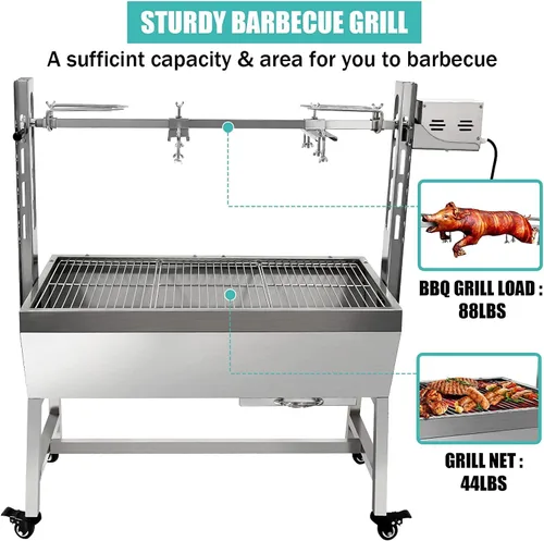 Miniatura 4 de Parrilla asadora de acero inoxidable de 66 libras, motor de 25 W, asador de cordero pequeño de cerdo de 37 pulgadas, parrilla asadora de carbón