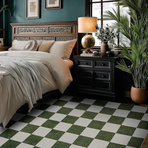 Miniatura 5 de Alfombra Lavable 5x7 de Cuadros, Alfombra de Área Verde y Blanca, Alfombras Grandes Boho para Sala de Estar, Alfombra de Bajo Pilo Ligera para Verde