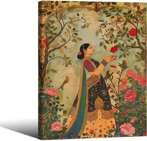 Miniatura 28 de Haitunone Arte de pared de mujer india paquistaní tradicional, póster de pintura floral feminista estilo mogol, impresiones en lienzo para sala