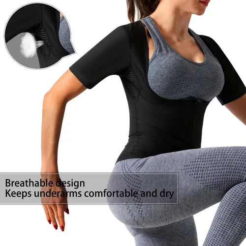 Miniatura 5 de Camiseta sauna para mujer, camiseta reductora y moldeadora de manga corta para entrenamiento y ejercicio Forro azul-02