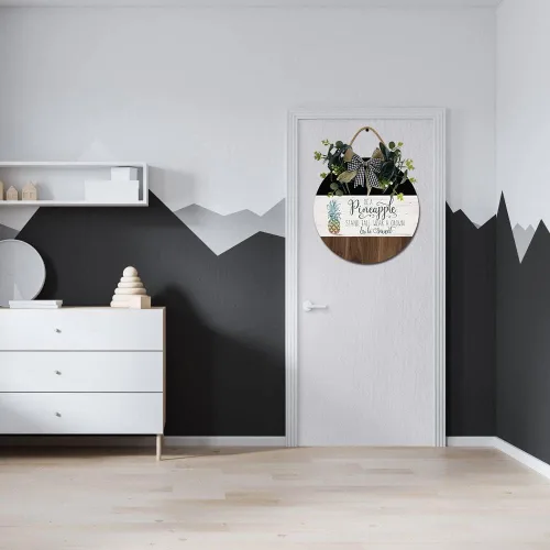 Miniatura 3 de Letrero de madera con texto en inglés «Be A Pineapple para puerta delantera, corona redonda rústica, colgador de pared, decoración de porche