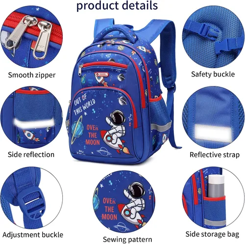Miniatura 3 de Mochila infantil para niños de primaria, preescolar, 16 pulgadas, multifuncional, linda capacidad, Azul Patchwork, 16 pulgadas