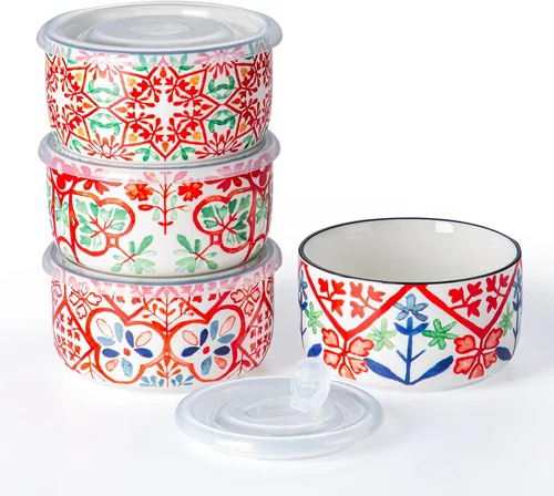 Miniatura 12 de Cuenco de cerámica con tapa, apto para microondas, juego de 4 Food Storage Containers for Soup, Meal Prep, Cereal, Salad Leftovers - Picnic
