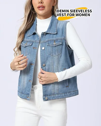 Miniatura 60 de Xeoxarel Chaleco de mezclilla para mujer, chaqueta vaquera sin mangas (XS-XXL)