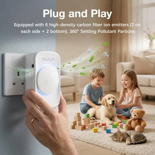 Miniatura 5 de JOSTART Ionizador de aire para el hogar, 6 emisores de iones negativos (purificación 3X), purificador de aire enchufable para espacios pequeños/sala