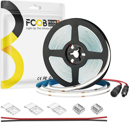 Tira de luces LED COB DC24V de 16.4 pies, 6000 K, blanco frío, 320 LED, flexible, de alta densidad, uniforme, brillante, 9W/m, CRI90+ regulable para
