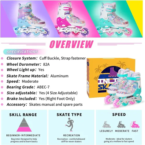 Miniatura 7 de MammyGol Patines en línea para niñas y niños, 4 tamaños ajustables, patines de mariposa con ruedas intermitentes de colores vibrantes, patines