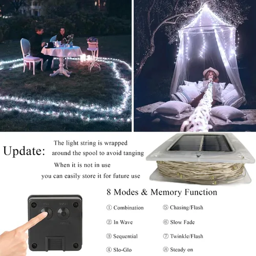 Miniatura 3 de Joomer - Tira de luces solares de hadas, paquete de 2, total 80 pies, 240 LED, luces de cuerda solar para exteriores, impermeables, 8 modos