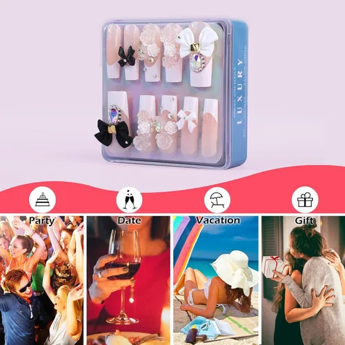 Miniatura 7 de Uñas postizas largas a presión, cuadradas, francesas, nude, rosa, lazo de lujo y diamantes de imitación de flores 3D, 24 unidades, uñas brillantes