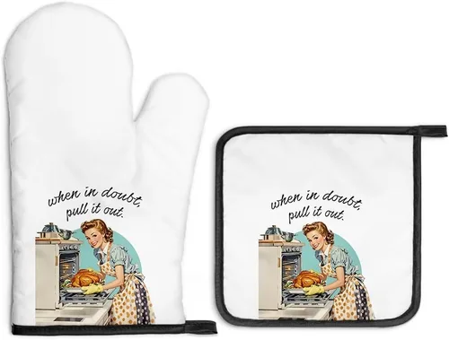 Miniatura 15 de Always Use Protection - Juego de guantes de horno y soportes para ollas, divertidos guantes de cocina retro para panaderos, regalos de inauguración