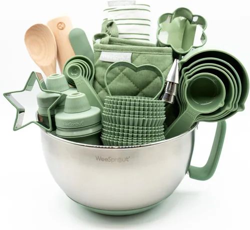 Miniatura 10 de WeeSprout Little Chef - Juego de cocina y hornear para niños, juego de cocina de 14 piezas con herramientas de cocina reales y delantal para niños