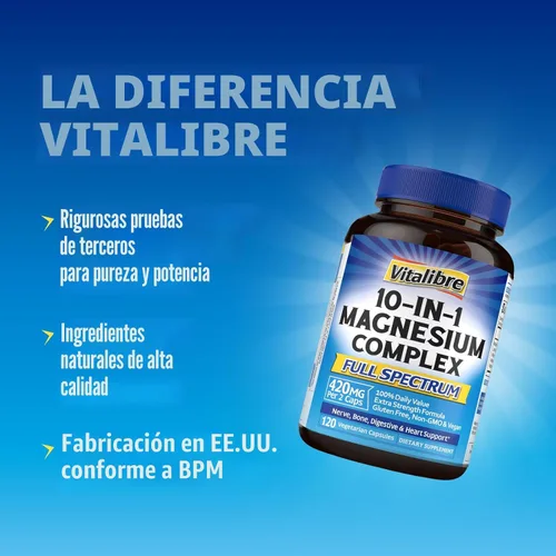 Miniatura 6 de Vitalibre Complejo de magnesio 10 en 1, 420 mg de magnesio elemental, ultra fuerza, máxima absorción, suplemento de magnesio quelado para nervios