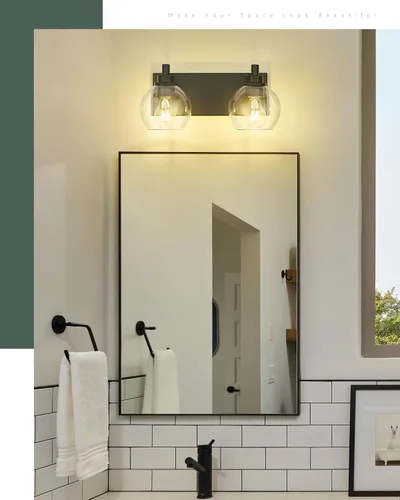 Miniatura 5 de Accesorios de iluminación de baño, luz de tocador mate negra de 2 luces, apliques de pared modernos con pantalla de globo de vidrio transparente