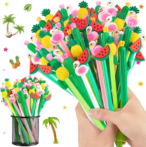 Miniatura 9 de 30 bolígrafos hawaianos Luau de tinta de gel negra de 0.020 in, lindo flamenco, sandía, cactus, piña, fruta para niños, estudiantes y suministros