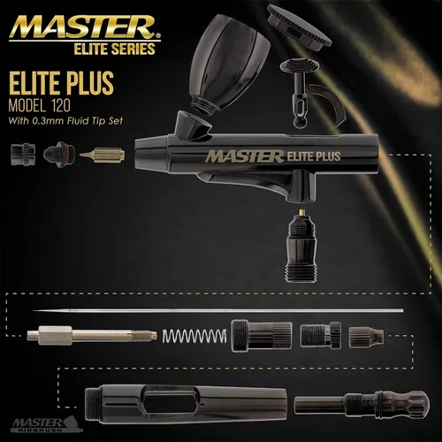 Miniatura 3 de Master Elite Plus Juego de aerógrafo, Modelo 120 - Kit de aerógrafo de nivel Elite de doble acción con alimentación por gravedad, punta de 0,3 mm, 2