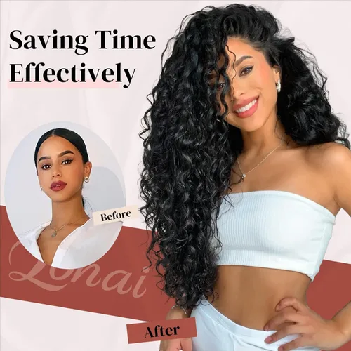 Miniatura 4 de LONAI Extensión de Cabello, 9 piezas, 56 cm de largo, castaño, extensiones de cabello rizadas con pinza, LN002, extensiones de cabello sintético