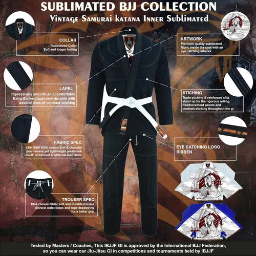 Miniatura 3 de Katana samurái vintage interior sublimado Pro brasileño Jiu Jitsu BJJ Kimono Gi Unisex - Cinturón incluido