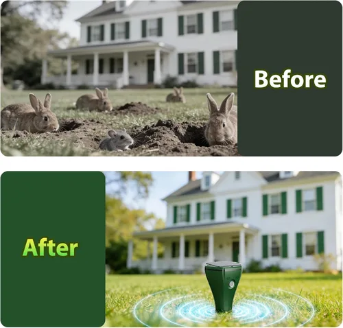 Miniatura 6 de Paquete de 8 estacas solares ultrasónicas repelentes de topos para césped y jardín, IP65 impermeable disuasorio de animales para tofos, ratas