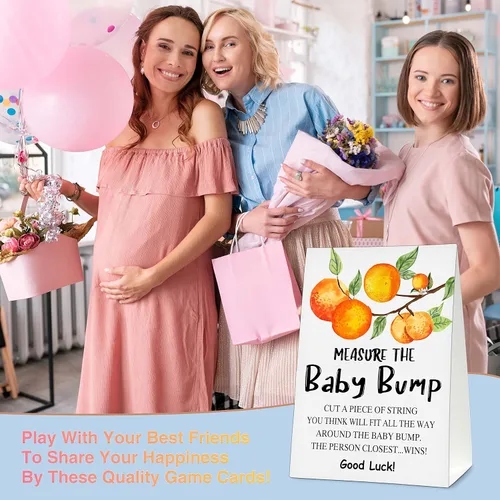 Miniatura 4 de Measure the Baby Bump - Juego de juego para baby shower, 1 letrero de pie con 50 tarjetas de adivinanzas, suministros de decoración de fiesta