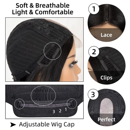 Miniatura 5 de BYRON Peluca negra natural para mujer, pelucas largas y lacias, peluca de encaje frontal con raya en medio, peluca de cabello Remy suave y sedoso