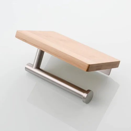 Miniatura 6 de Tecmolog Soporte de rollo de papel de acero inoxidable Soporte de pared para papel higiénico con estante de almacenamiento de madera, níquel Níquel